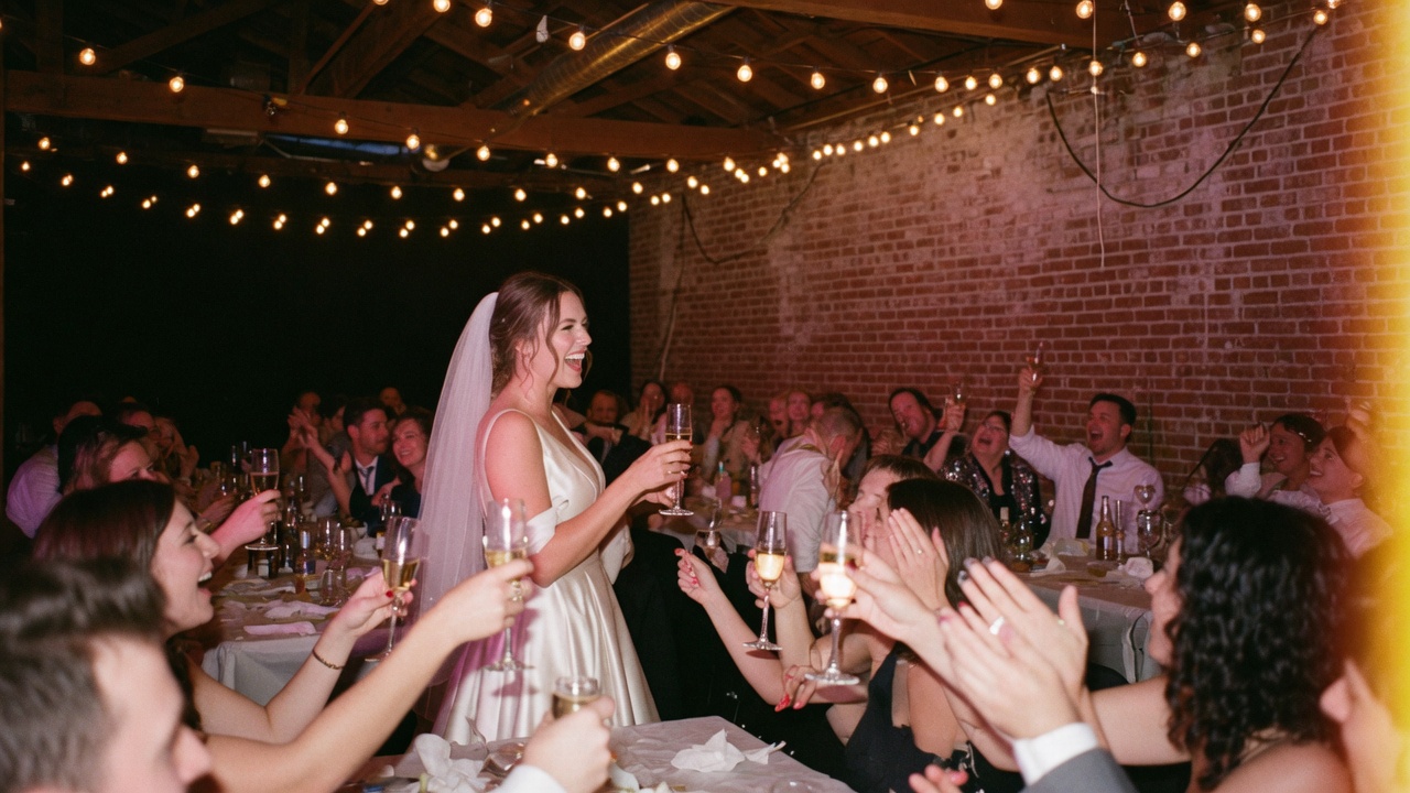 Claire and James wedding gallery cover. Reception under string lights.